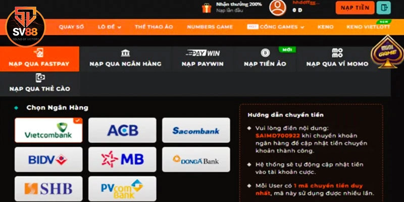 Cách nạp tiền Sv88 nhanh chóng chuẩn nhất